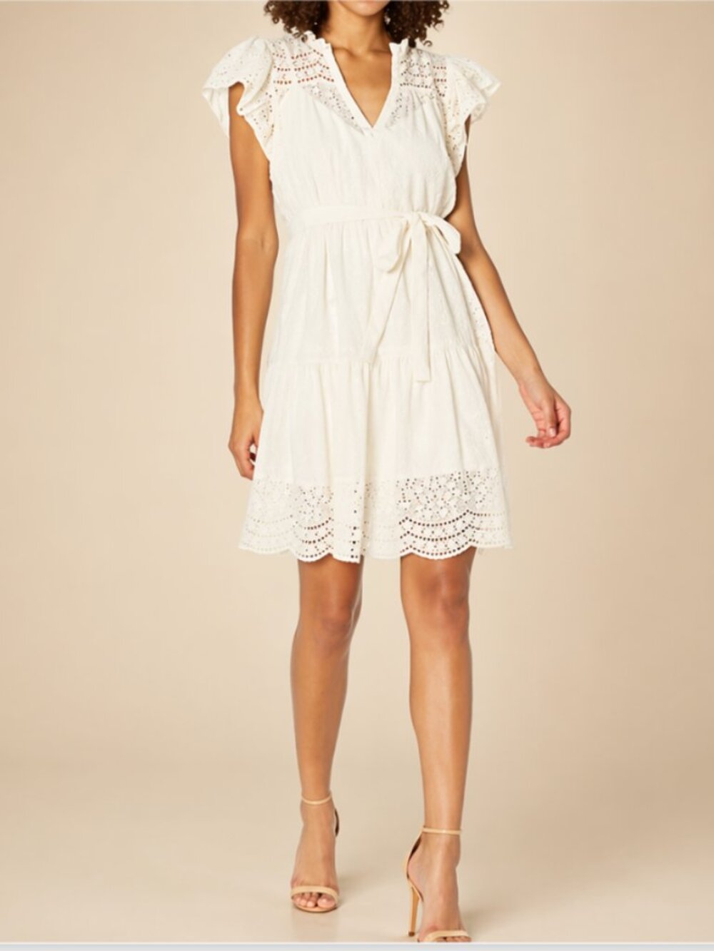 BCBGMaxAzria Cream Eyelet Lace Midi Dress with Tie Waist
